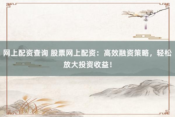 网上配资查询 股票网上配资：高效融资策略，轻松放大投资收益！
